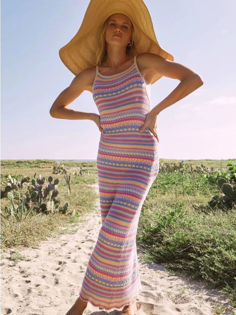 Colorful striped crochet maxi dress beach vacation summer‎ boho festival revolve